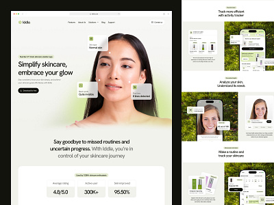 Iddle - Skincare Routine Tracker Landing Page analyze bautiful beauty face scan green landing page modern neat plan reminder skin skin analyze skincare skincare app skincare plan skincare routing skincare tracker tracker web design website design