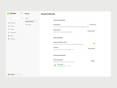 Coinstax: Settings - Account Security account security clean dashboard coinstax crypto settings crypto web app dashboard dashboard settings dashboard ui modern ui settings settings page ui ui design web app web app dashboard web app settings web3 web3 dashboard