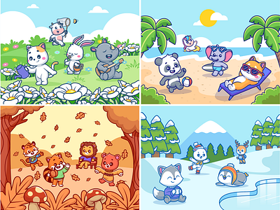 Four Seasons🌸☀️🍂❄️ animals autumn beach branding cartoon character cute doodle flat flower garden holiday icon illustration logo seasons snow spring summer winter