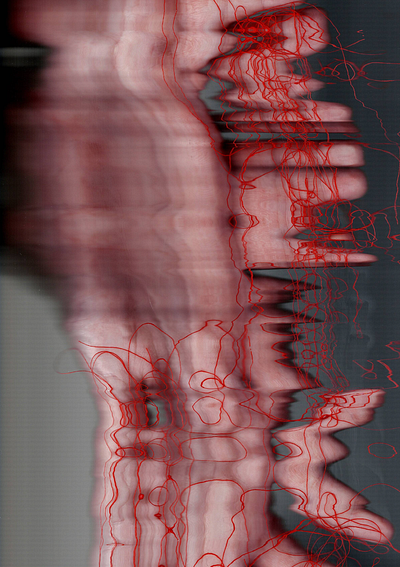 "Threads of Red: Distorted Reflections" graphic design