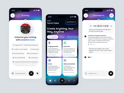 AI Mobile App ai ai app ai chat boat ai content writer app ai mobile app ai ui kit animation artifical intelegance chat app chatbot clean design mobile app ui designer uiux visual design