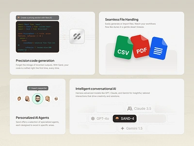 Sand AI - Features section ai ai agents bento bento card features features section generate generative ai landing page large language model llm morva morva labs product design saas saas ai saas landing page saas llm ui user interface