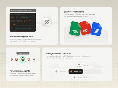 Sand AI - Features section ai ai agents bento bento card features features section generate generative ai landing page large language model llm morva morva labs product design saas saas ai saas landing page saas llm ui user interface