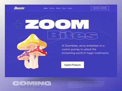 Zoom Bites - Website Design blue bold design clear navigation cosmic journey creative concept digital design futuristic design header design hero section idealrahi landing page magic mashroom minimalist layout playful illustrations product showcase ui ux design user experience vibrant colors web interface website design