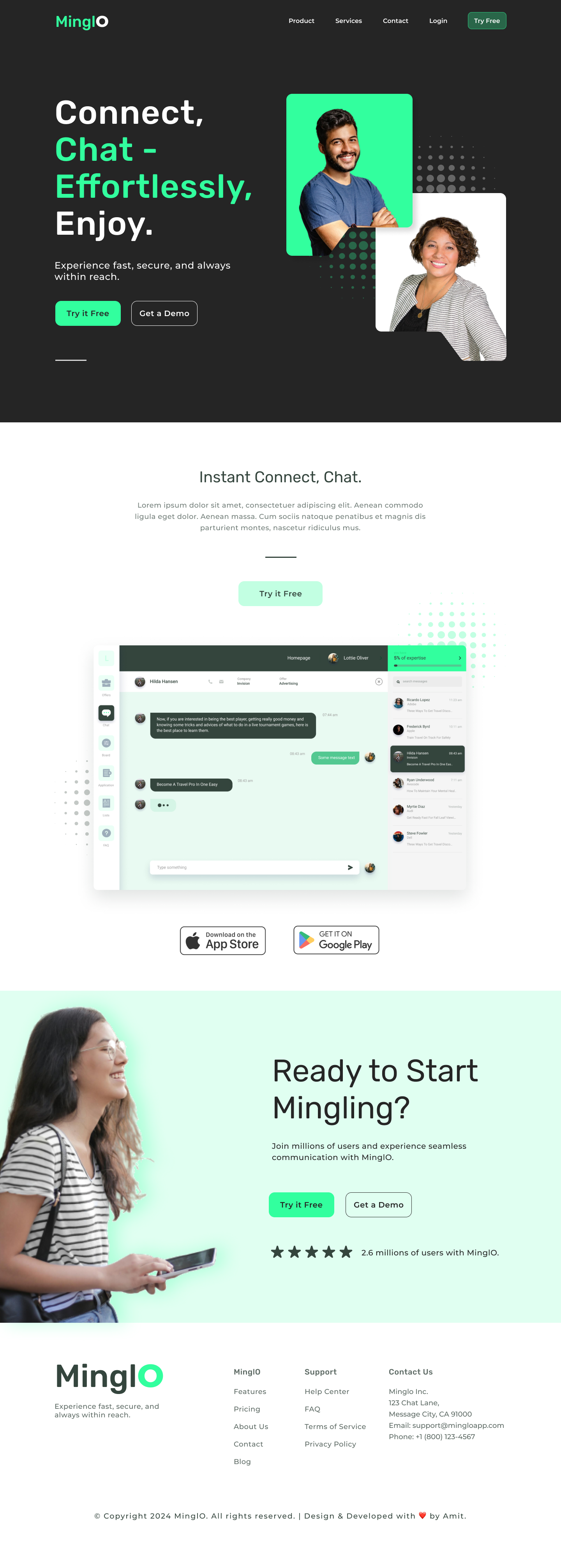Minglo - Chat Platform Landing Page creative design figma graphic design landing page nocode web development responsive responsive web design single page design ui ui design ui ux design ux ux design web design webflow webflow web designer