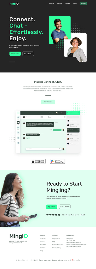 Minglo - Chat Platform Landing Page creative design figma graphic design landing page nocode web development responsive web design single page design ui ui design ui ux design ux ux design web design webflow webflow web designer