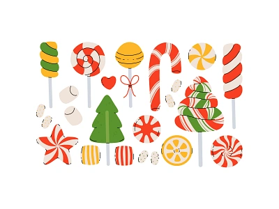 Christmas sweets candy caramel cartoon christmas collection concept design flat illustration lollipop peppermint set sweets vector winter xmas