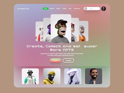 Landing Page: NFT Marketplace 3d visuals crypto assets crypto marketplace custom avatars digital art digital collectibles digital economy digital innovation future tech graphic user interface immersive design interactive experience modern ui nft platform nft trading trendy ui user centric design virtual art virtual marketplace web3 design