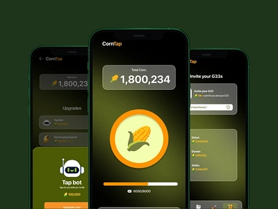 Mobile App Interface for CornTap Game app interface app layout clean ui colorful interface dashboard design digital interface game design gamification interactive design mobile app mobile design mobile game mobile ui modern mobile design playful design progress tracker reward system upgrade system user engagement user experience