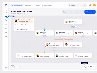 HR Management - Organization chart app clean colors dashboard department employees flow graph hierarchy manage minimal organization chart product design saas sitemap structure teams ui users ux