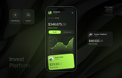 Investment Platform | Portfolio Page | Mobile App analytic chart dashboard dashboard dark mode dashboard design data visualization development figma design finance fintech invest investment app investments no code no code development product stock market ui ux design vc (venture capital)