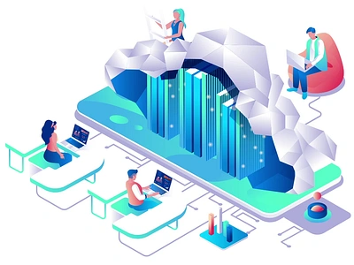 Cloud Computing 2D Animation 2d animation architecture cloud collaboration computer data management data storage digital workspace flat futuristic illustration isometric motion online services remote work server storage team technology