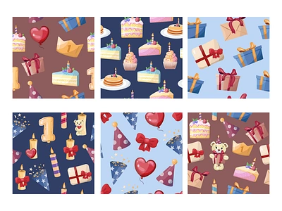 Birthday seamless pattern with cakes, balloons, candles, gifts fun