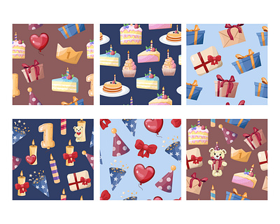 Birthday seamless pattern with cakes, balloons, candles, gifts fun