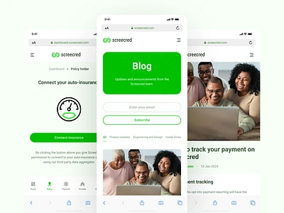 Screecred auto insurance automobile blog branding design engineering insurance logo newsletter payment policy product provider settings subscription tracking ui updates ux