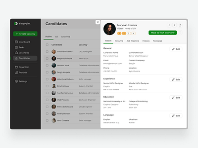 Applicant Tracking System - Candidate profile ats candidate page candidates list crm ui ux