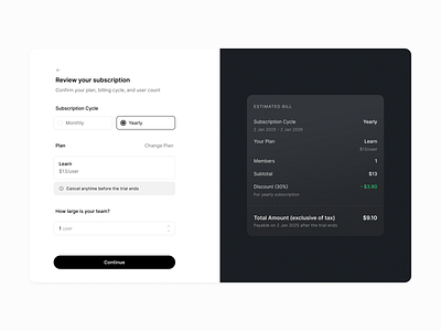 Review Subscription bill cards checkout payment saas subscription ui ux web design