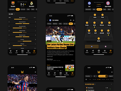 Live Score & News App article clean dark mode dashboard design fitness interface live score mobile mobile app navigation platform product service sport statistics ui ux web widgets