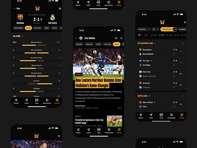 Live Score & News App article clean dark mode dashboard design fitness interface live score mobile mobile app navigation platform product service sport statistics ui ux web widgets