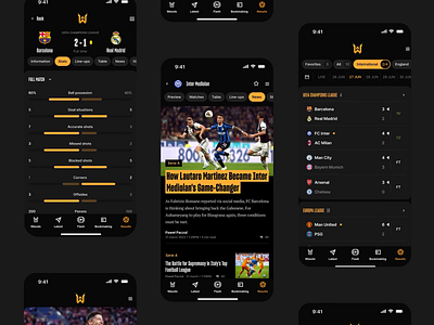 Live Score & News App article clean dark mode dashboard design fitness interface live score mobile mobile app navigation platform product service sport statistics ui ux web widgets