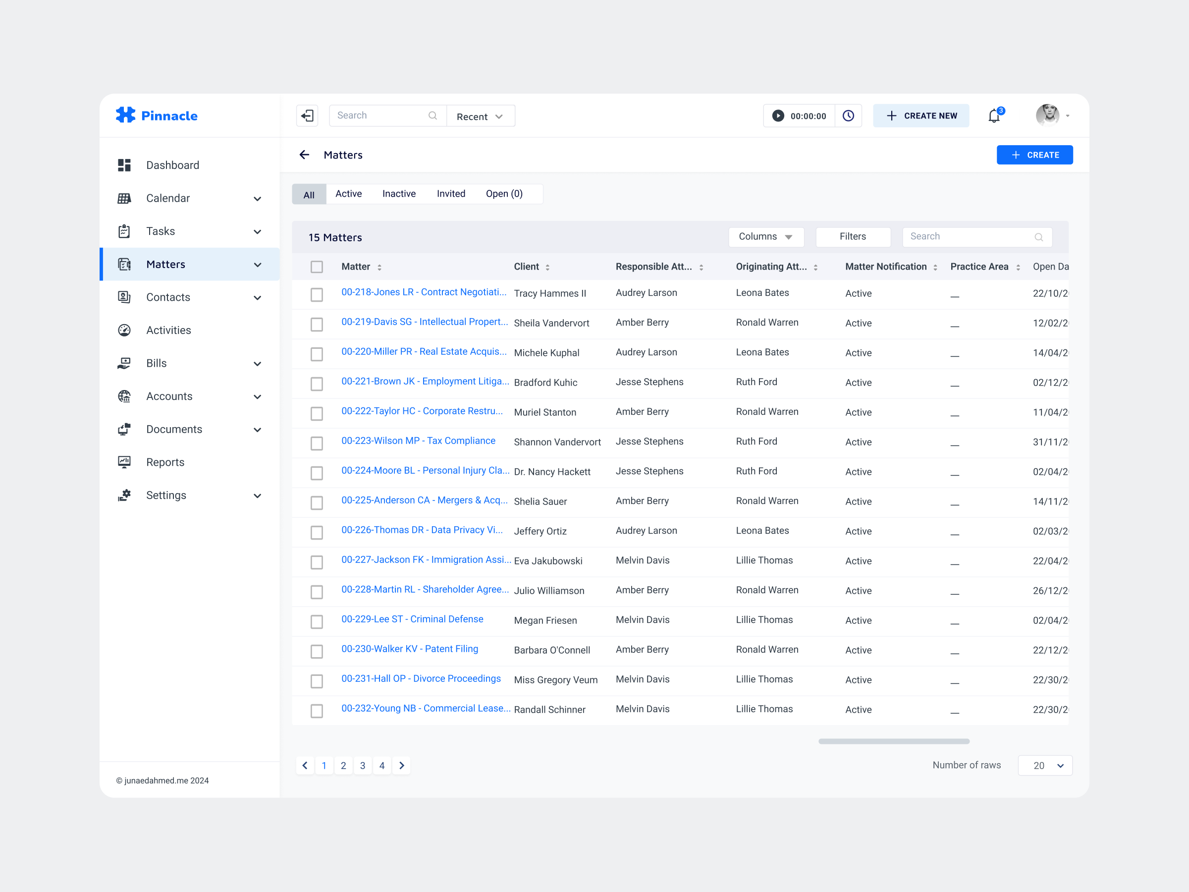 Legal CRM - Matters Dashboard accounts app best clean complex contacts crm dashboard design erp experienced finland legal matters task time tracking ui ux web webapp