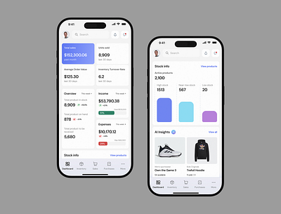 AI-Powered Inventory Management App ai analytics dashboard dashboard design graphs interface inventory inventory dashboard logistics mobile product design shipping sidebar tracking web app widgets