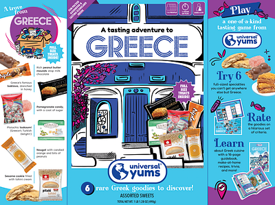 Greece Snack Box Packaging for Universal Yums architecture branding building design drawing food food packaging graphic design greece greek hand drawn illustration illustration art illustrator lettering packaging packaging design snacks storefront universal yums