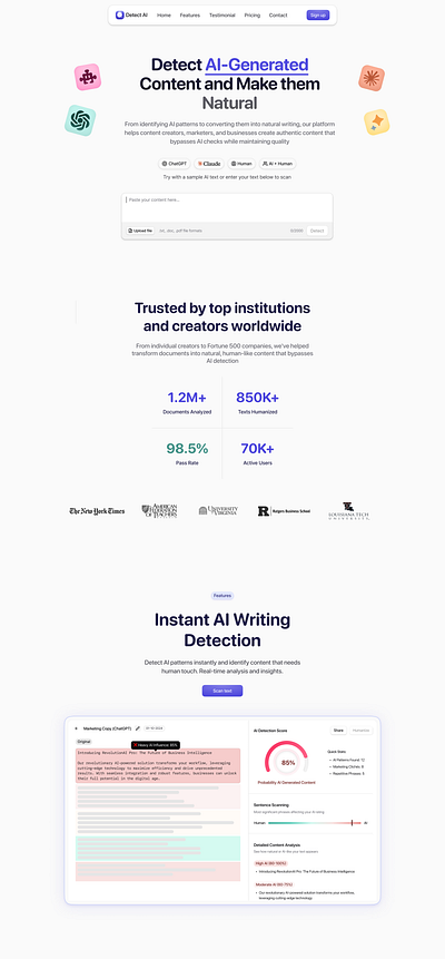 Detect AI landing page ai landing page bypass ai detect ai humanize text identify landing page ui ui design web design writting