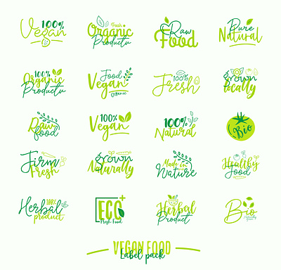 Vegan food label packaging set branding graphic design icon label logo symbol vegan