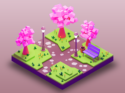 3D city park 3d 3d design 3d illustration 3d landscape 3d modeling 3d park 3d visual artificial landscape cube trees futuristic nature game design geometric nature isometric art nature illustration park building game design park scene pink trees spring vibes urban nature urban park design