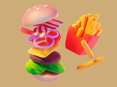 3D burger with fries 3d 3d burger 3d food 3d food art 3d meal animated cheeseburger animated food artistic food burger art burger visual cartoonish food cheeseburger art crispy fries fast food food illustration food photography food styling french fries meal combo realistic food