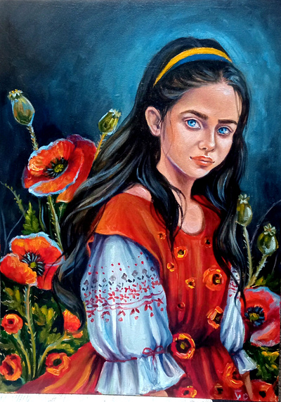 "Blossoming Amidst Adversity" - Original oil Painting art flower girl hand painted paint painting poppy portrait ukraine woman