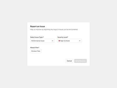 Report modal button component dropdown figma high input low medium modal priority product design report bug report issue report modal saas severity level software text field ui ux