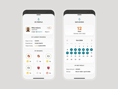 Fitness and Wellness startup - App design. My Profile page. badges challenge daily achievments daily rewards fitness app fitness challenge habit app habit challenge mobile calendar mobile ios app mobile profile mobile ui my bio mobile design my data my stats rewards sport app user data user level wellness app