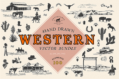 Western Horse Cowboy Vector Graphics cactus cactus illustration cattle cowboy cowboy icon handdrawn horse horseman landscape longhorn longhorn mountain ranch southwest southwestern vitnage western