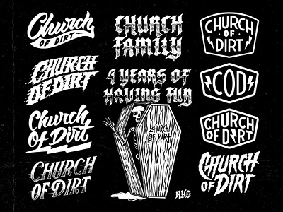 Church Of Dirt 2021-2024 american apparel apparel badge brand clothing branding caps design church of dirt graphic design handdrawn illustration lettering logo logotype script skull illustration tshir design typography vintagedesign