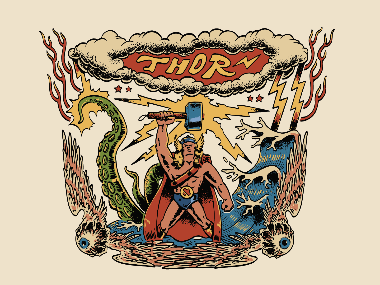 Tony Ray Tattoos: Thor Illustrations art design editorial editorial illustration graphic design illustration illustrations line lineart merch merchandise monoline motion graphics octopus oldschool public domain retro sea thor vintage