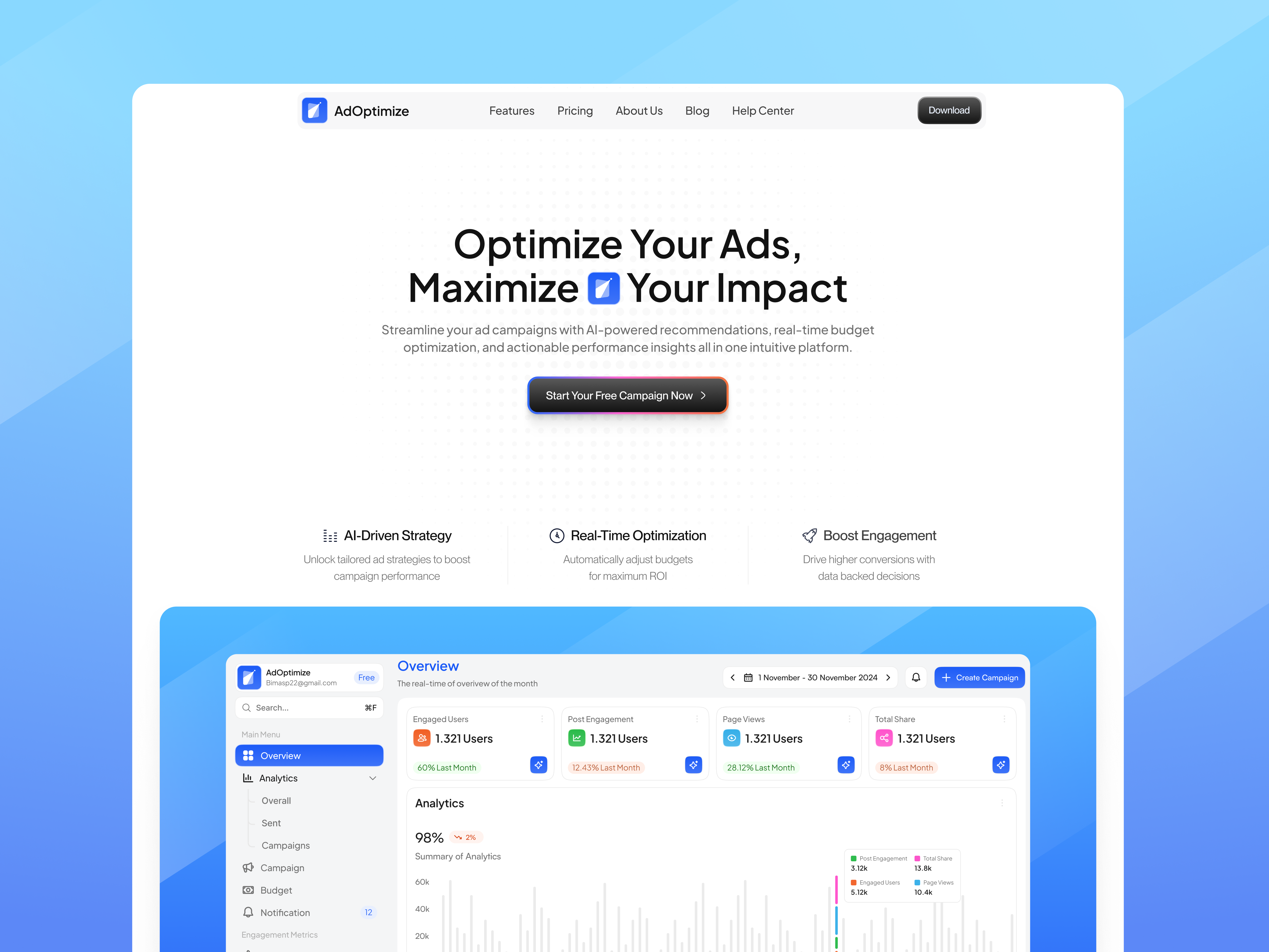 AdOptimize - Landing Page ads campaign campaign design clean design features section landing page landing page design management marketing minimalism optimize saas section ui ux web web design website website design