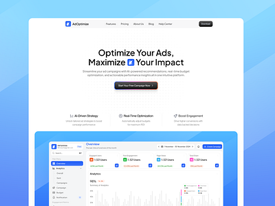 AdOptimize - Landing Page ads campaign campaign design clean design features section landing page landing page design management marketing minimalism optimize saas section ui ux web web design website website design