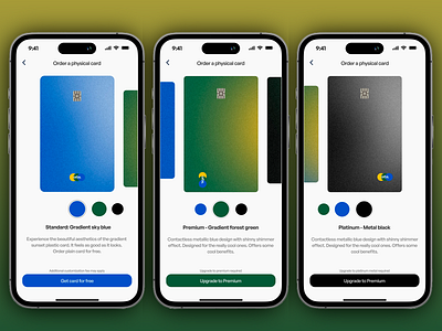 Choose Your Perfect Card: Standard, Premium, or Platinum app branding app customization app interface branding card design card options contactless card digital design gradient design mobile app mobile design mobile interface modern design payment card design product customization sleek design ui design user experience user interface visual identity