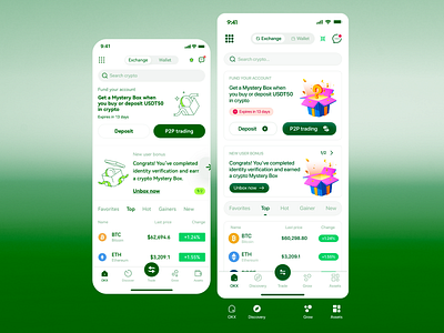 Mobile App: Cryptocurrency Exchange app design crypto bonuses crypto trading crypto wallet cryptocurrency cryptocurrency market dashboard design exchange app financial app fintech green theme intuitive design mobile design mobile interface mystery box rewards trading trading app user experience user interface