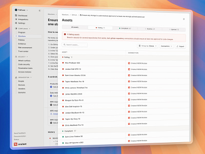 Overlay Drawer - Assets Listing 3d assets compliance dialog drawer figma light mode list minimal overlay perspective product design saas saas design security status table ui ui design web