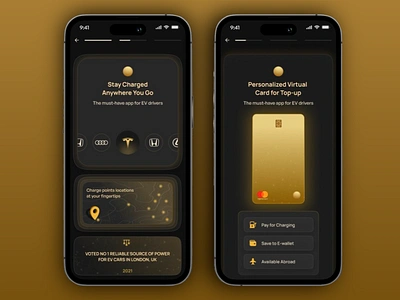 Mobile App for Effortless Charging app interface charging stations clean ui dark dark theme digital wallet eco friendly tech electric vehicle charging futuristic app high tech innovative minimalistic mobile app mobile payment modern branding modern ui sleek design smart app tech design user friendly