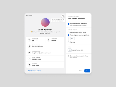 Add client modal - Accounting Software accounting addclient client clientmanagement crm dashboard finance fintech invoice modal payement userinterface uxdesign