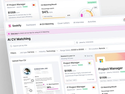 Seekify - AI CV Matching Dashboard ai ai open ai data visualization ai dashboard analytics artificial intelligence career curriculum vitae cv cv matching dashboard dashboard cv hiring jobs platform portal job recruitment resume saas ui web app