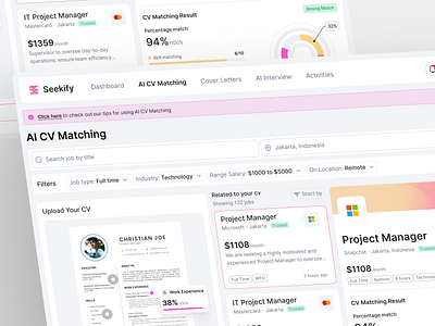 Seekify - AI CV Matching Dashboard ai ai open ai data visualization ai dashboard analytics artificial intelligence career curriculum vitae cv cv matching dashboard dashboard cv hiring jobs platform portal job recruitment resume saas ui web app