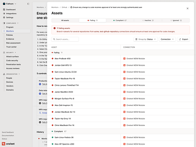 Overlay Drawer - Assets Table callout compliance platform dialog drawer error figma filtering filters list minimal overlay product design saas security segment control table ui ui design web