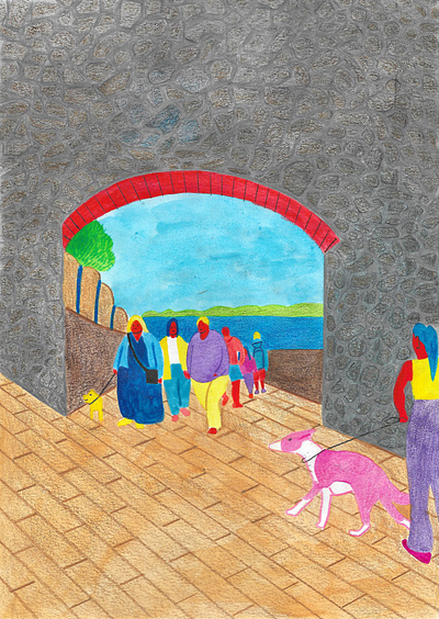 Still Life in Tenby crowd dog illustration landscape sea tenby traveler trip