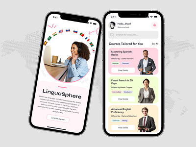 LinguaSphere: Language Learning App | Design Concept branding edtechinnovation 12 figmadesign interactivelearning languagejourney languagelearningapp learnlanguages linguasphere uidesign uiux