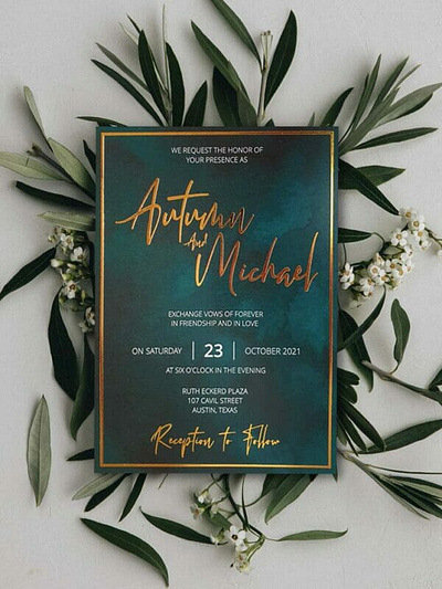 Dark Green Matte Floral Themed - Foil Stamped Wedding Invitation